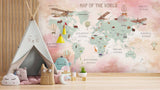 Tapet Personalizat Micii Exploratori cu harta lumii cu animalute in nuante de roz - MAP OF THE WORLD