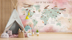 Tapet Personalizat Micii Exploratori cu harta lumii cu animalute in nuante de roz - MAP OF THE WORLD