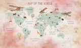 Tapet Personalizat Micii Exploratori cu harta lumii cu animalute in nuante de roz - MAP OF THE WORLD