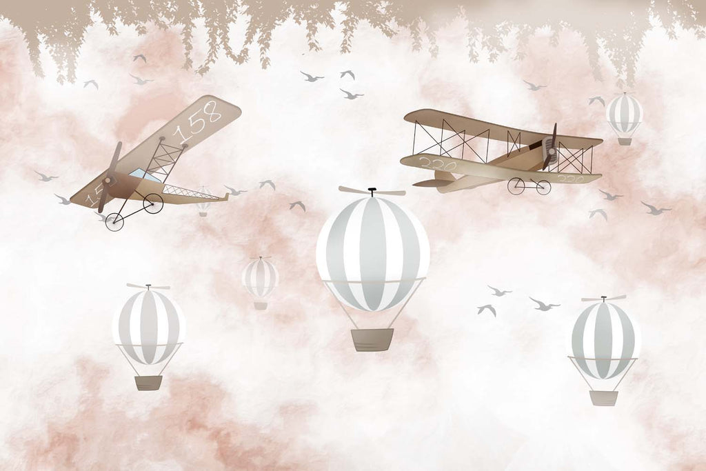 Tapet Personalizat Micii Exploratori cu avioane si baloane pe cerul in nuante de roz - WATERCOLOR PINK SKY