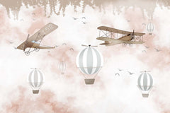 Tapet Personalizat Micii Exploratori cu avioane si baloane pe cerul in nuante de roz - WATERCOLOR PINK SKY