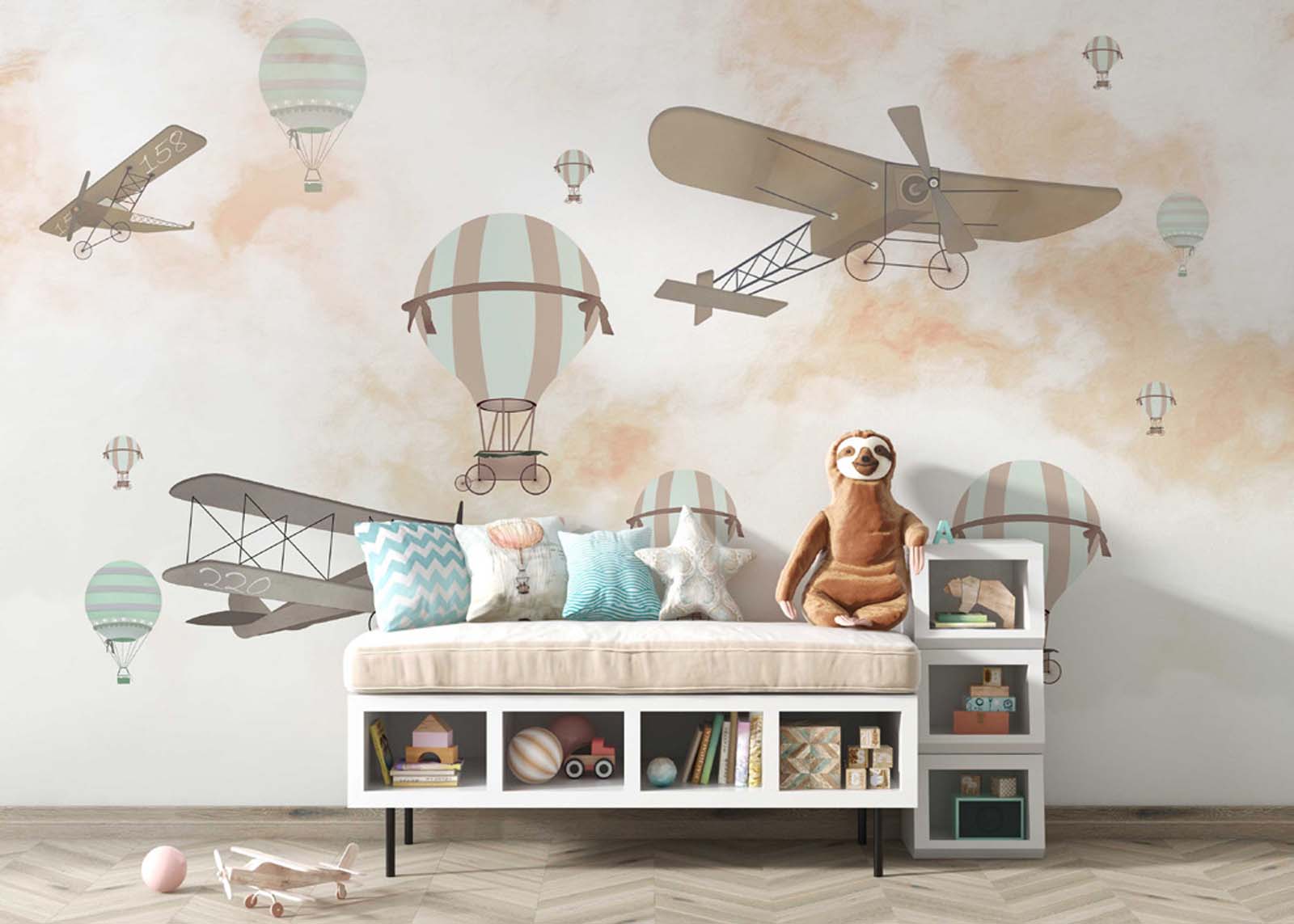 Tapet Personalizat Micii Exploratori cu avioane si baloane pe cerul in nuante de bej - WATERCOLOR BEIGE SKY