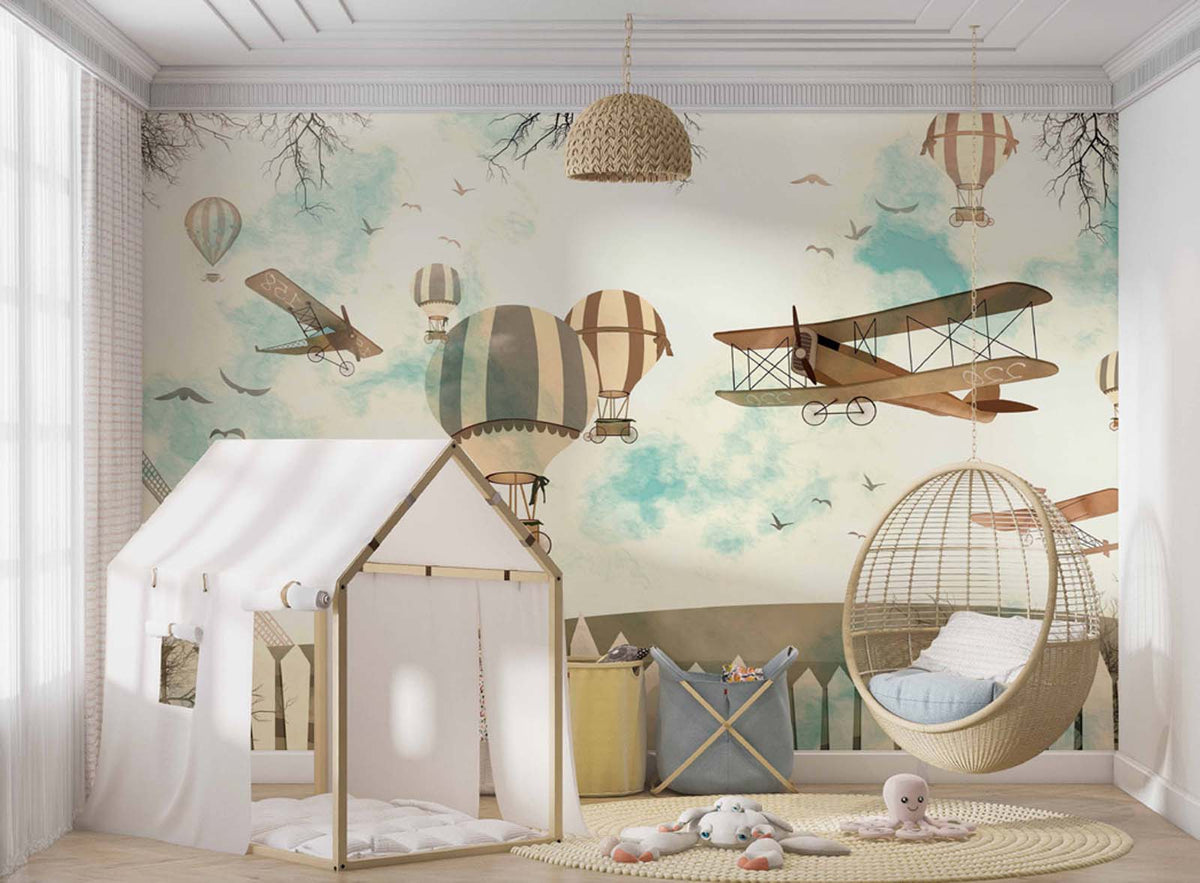 Tapet Personalizat Micii Exploratori cu avioane si baloane cu aer cald zburand peste gradina - FLY OVER THE GARDEN