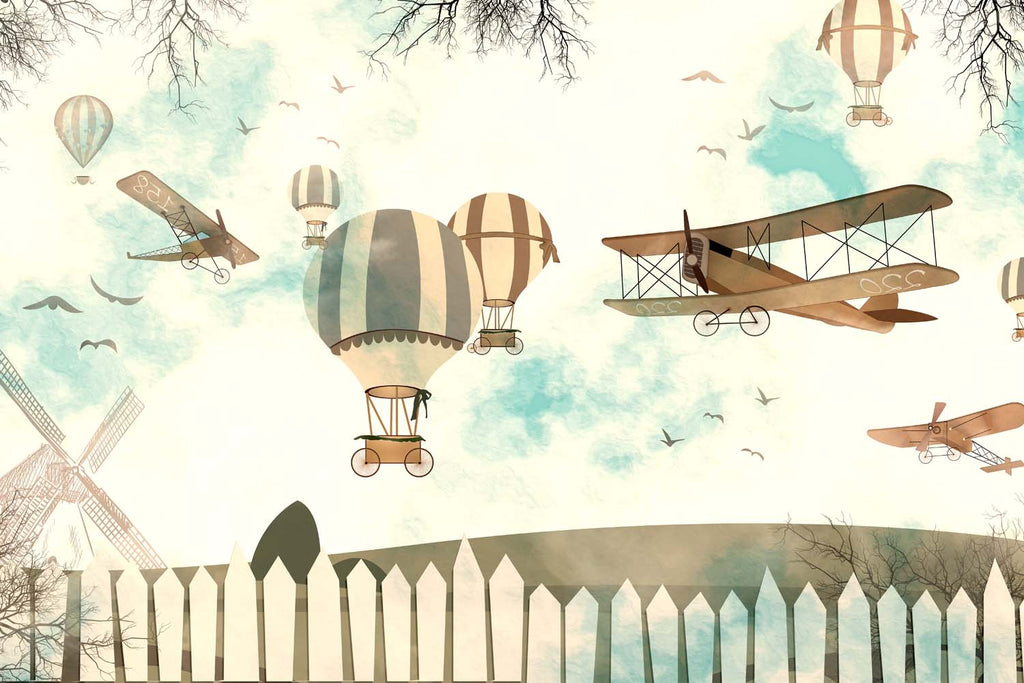 Tapet Personalizat Micii Exploratori cu avioane si baloane cu aer cald zburand peste gradina - FLY OVER THE GARDEN