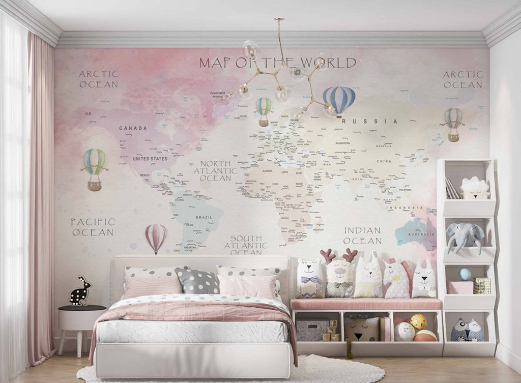 Tapet Personalizat Micii Exploratori cu harta detaliata a lumii in nuante de roz - WRITTEN MAP