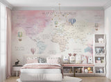 Tapet Personalizat Micii Exploratori cu harta detaliata a lumii in nuante de roz - WRITTEN MAP