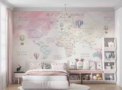 Tapet Personalizat Micii Exploratori cu harta detaliata a lumii in nuante de roz - WRITTEN MAP