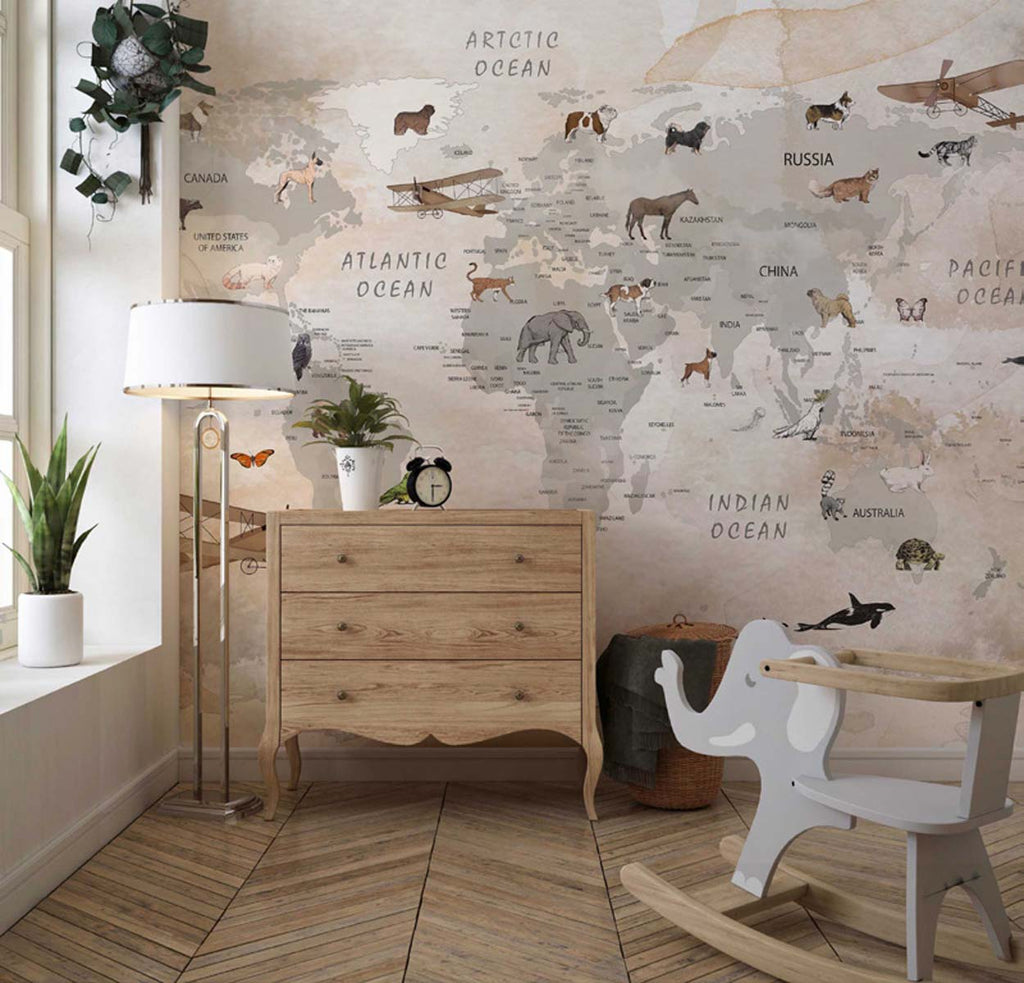 Tapet Personalizat Micii Exploratori cu harta lumii cu animale domestice in nuante de bej watercolor - DOMESTIC ANIMAL'S MAP