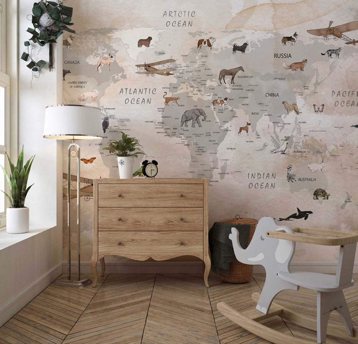 Tapet Personalizat Micii Exploratori cu harta lumii cu animale domestice in nuante de bej watercolor - DOMESTIC ANIMAL'S MAP