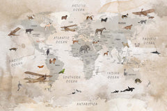 Tapet Personalizat Micii Exploratori cu harta lumii cu animale domestice in nuante de bej watercolor - DOMESTIC ANIMAL'S MAP