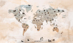 Tapet Personalizat Micii Exploratori cu harta lumii cu animale in nuante de bej watercolor - GRADIENT MAP