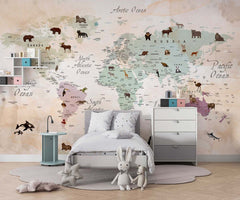 Tapet Personalizat Micii Exploratori cu harta lumii cu animale in nuante de bej si verde watercolor - BROWN ANIMAL'S MAP