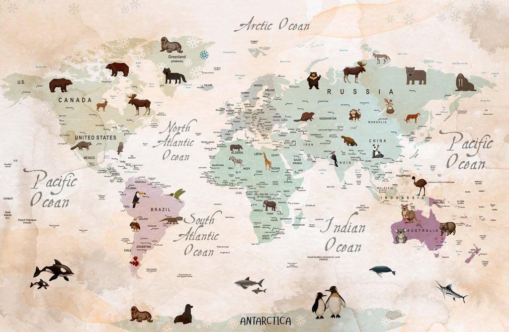 Tapet Personalizat Micii Exploratori cu harta lumii cu animale in nuante de bej si verde watercolor - BROWN ANIMAL'S MAP