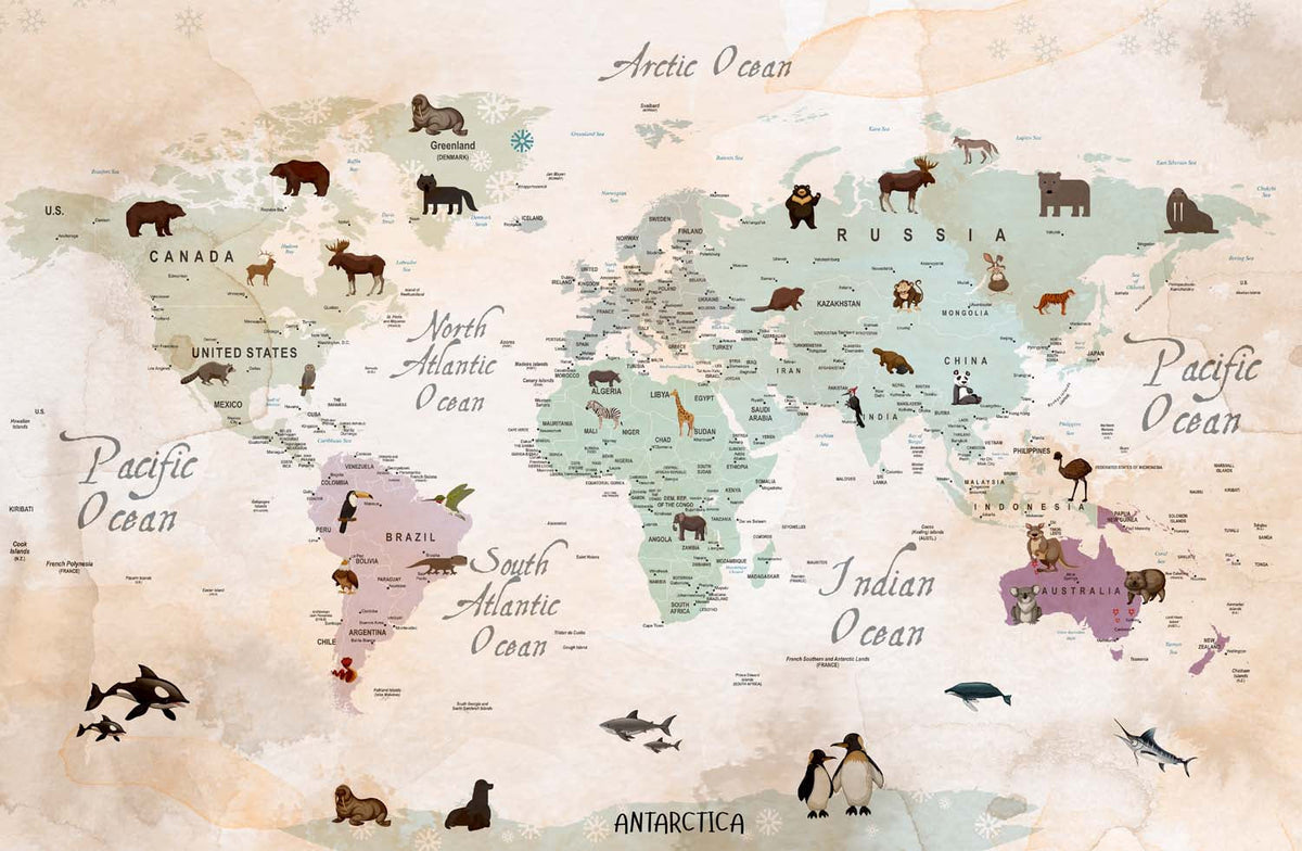 Tapet Personalizat Micii Exploratori cu harta lumii cu animale in nuante de bej si verde watercolor - BROWN ANIMAL'S MAP