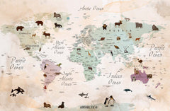 Tapet Personalizat Micii Exploratori cu harta lumii cu animale in nuante de bej si verde watercolor - BROWN ANIMAL'S MAP