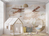 Tapet Personalizat Micii Exploratori cu harta lumii innorata cu avioane si baloane - CLOUDY PLANE MAP