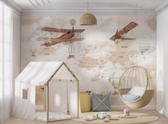 Tapet Personalizat Micii Exploratori cu harta lumii innorata cu avioane si baloane - CLOUDY PLANE MAP