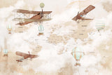 Tapet Personalizat Micii Exploratori cu harta lumii innorata cu avioane si baloane - CLOUDY PLANE MAP