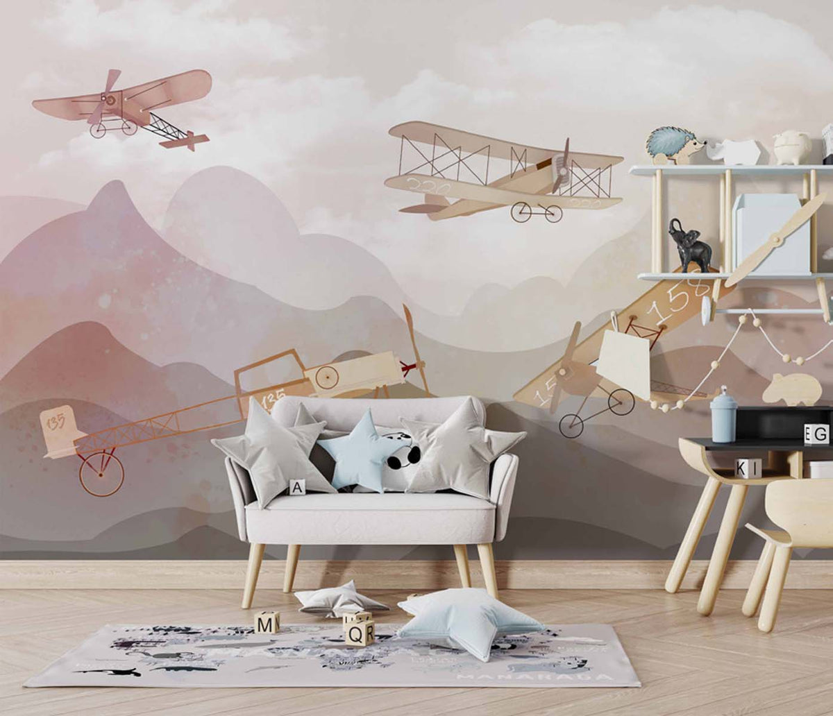 Tapet Personalizat Micii Exploratori cu avioane zburand peste varfuri de munti - PAINTED MOUNTAIN PEAKS