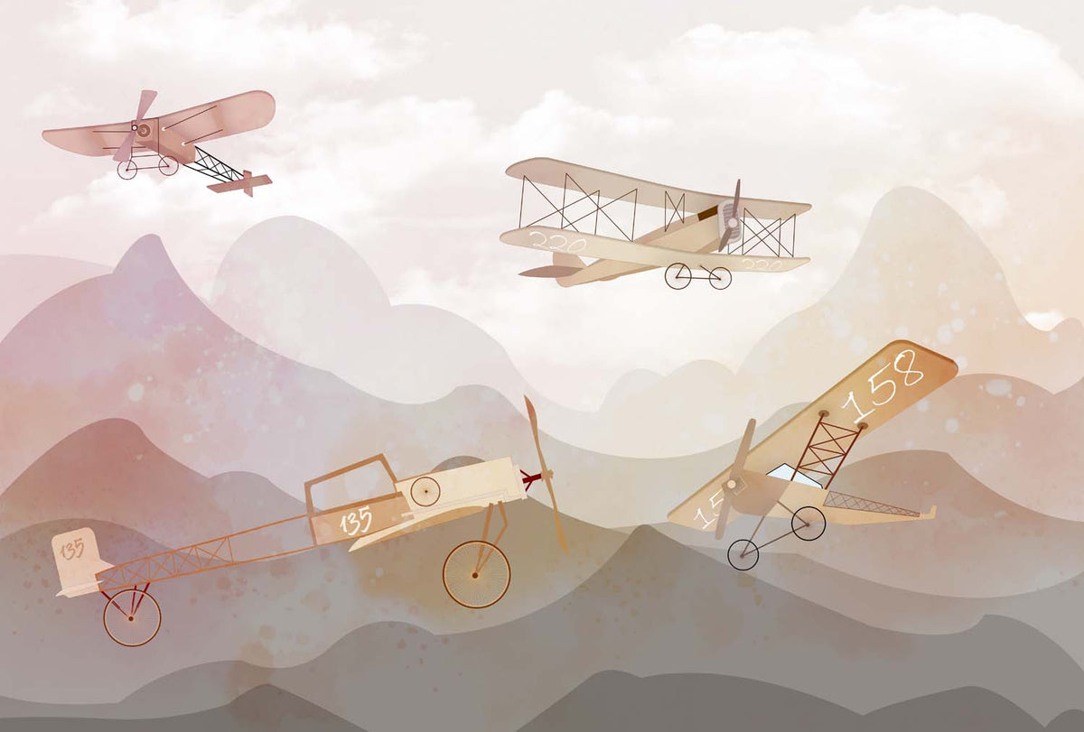 Tapet Personalizat Micii Exploratori cu avioane zburand peste varfuri de munti - PAINTED MOUNTAIN PEAKS
