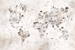 Tapet Personalizat Micii Exploratori cu harta lumii cu animale si palmieri in nuante de alb murdar - WHITE MAP