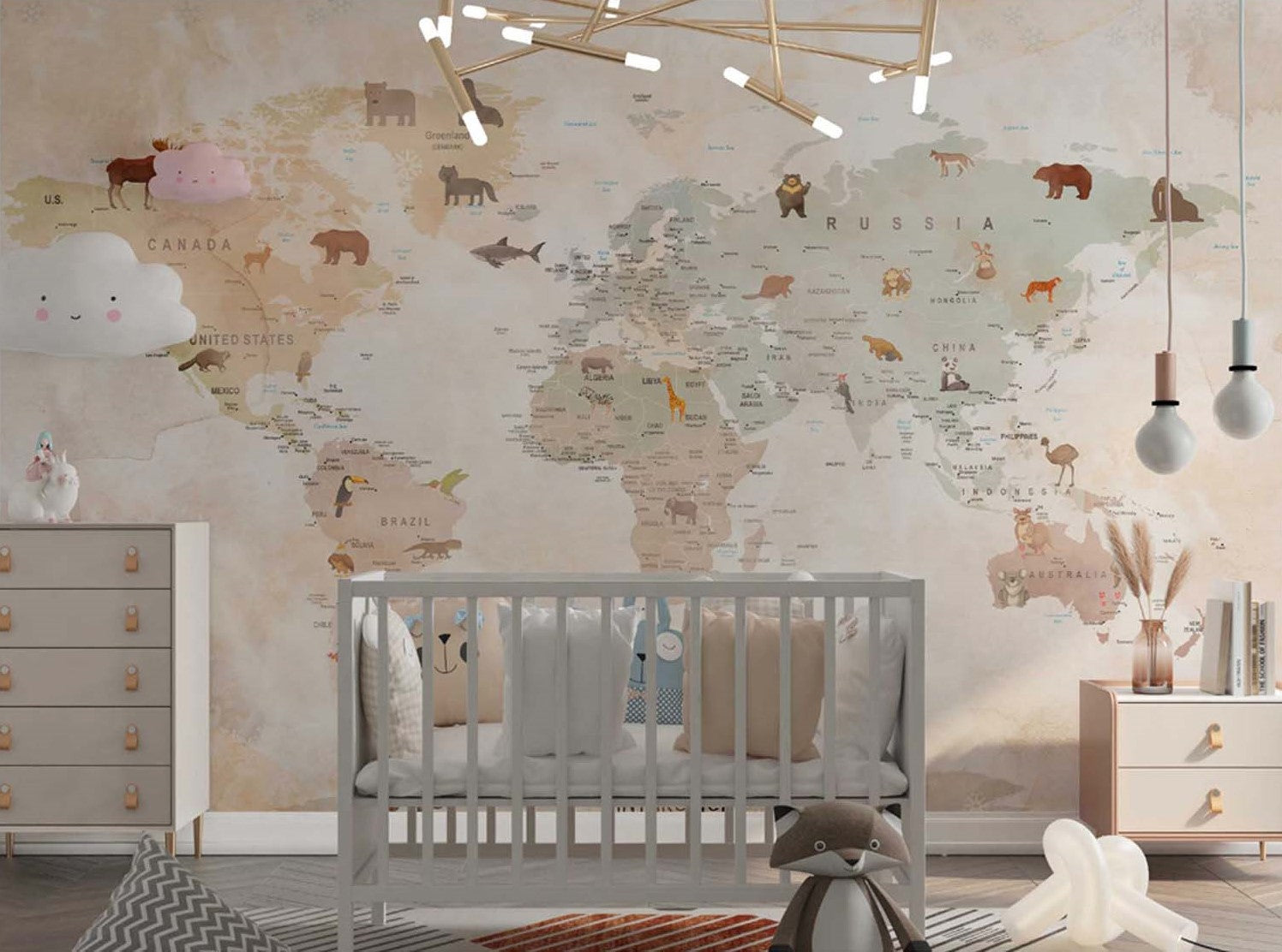 Tapet Personalizat Micii Exploratori cu harta lumii cu animale in stil vintage - VINTAGE ANIMALS MAP