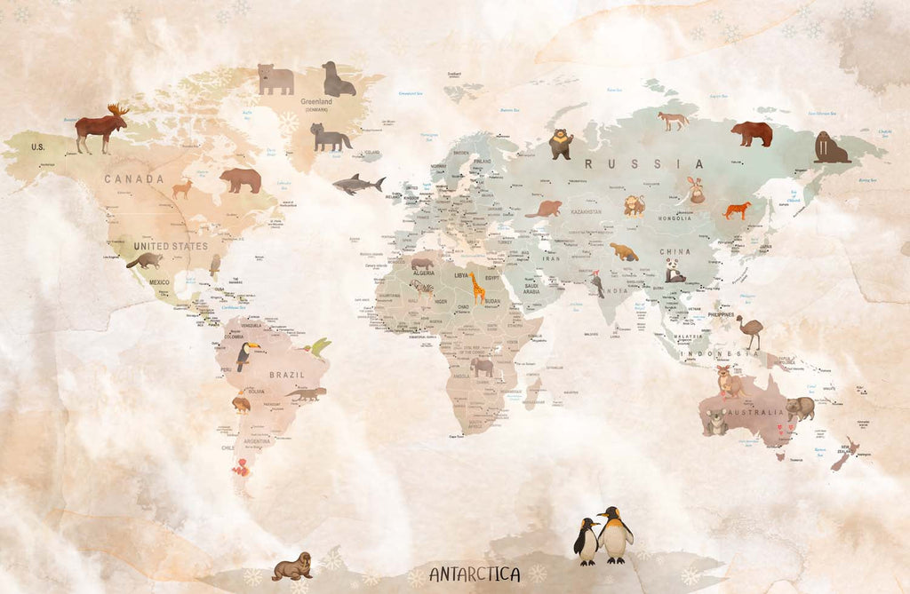 Tapet Personalizat Micii Exploratori cu harta lumii cu animale in stil vintage - VINTAGE ANIMALS MAP