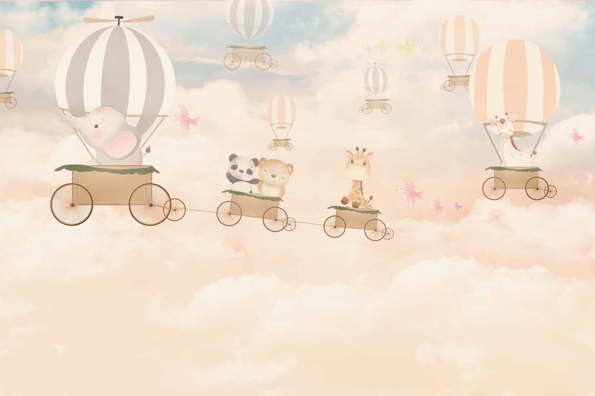 Tapet Personalizat Micii Exploratori cu animale zburand in baloane cu aer cald peste nori crem rozalii - WHEEL BALLOONS FLIGHT
