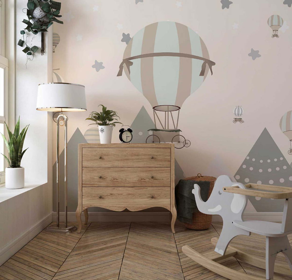 Tapet Personalizat Micii Exploratori cu baloane cu aer cald peste cerul instelat si munti - STARRY WHEEL BALLOONS