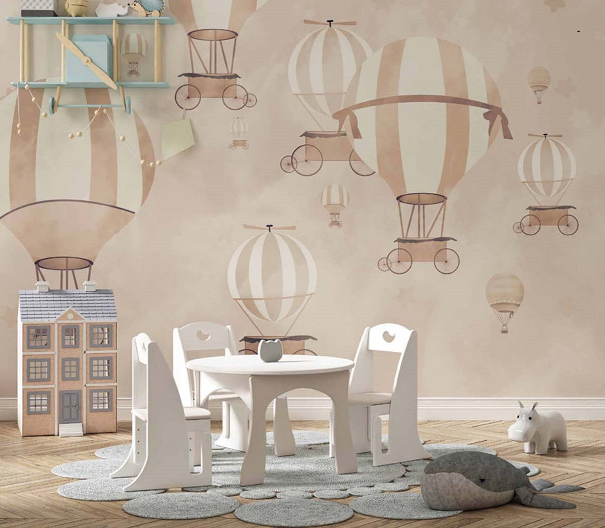 Tapet Personalizat Micii Exploratori cu baloane cu aer cald in stil vintage - TAUPE SKY BALLOONS