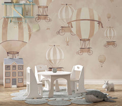 Tapet Personalizat Micii Exploratori cu baloane cu aer cald in stil vintage - TAUPE SKY BALLOONS