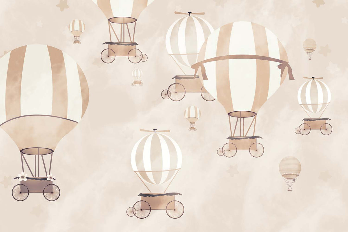 Tapet Personalizat Micii Exploratori cu baloane cu aer cald in stil vintage - TAUPE SKY BALLOONS