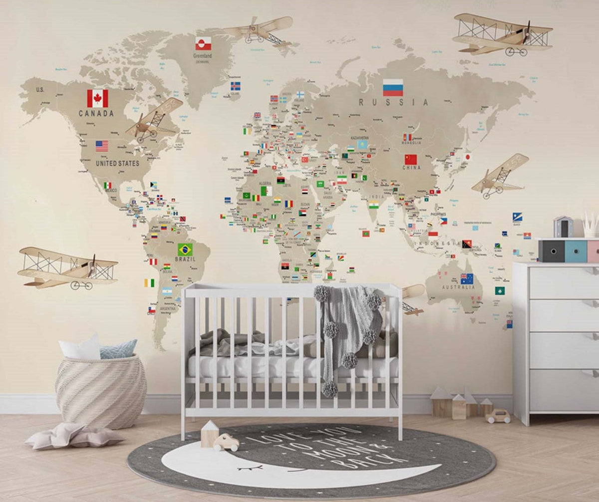 Tapet Personalizat Micii Exploratori cu harta lumii cu steaguri in nuante de bej - ALL FLAGS MAP BEIGE