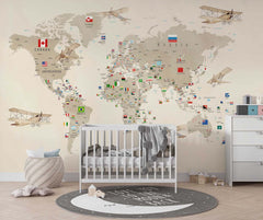 Tapet Personalizat Micii Exploratori cu harta lumii cu steaguri in nuante de bej - ALL FLAGS MAP BEIGE