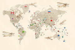 Tapet Personalizat Micii Exploratori cu harta lumii cu steaguri in nuante de bej - ALL FLAGS MAP BEIGE