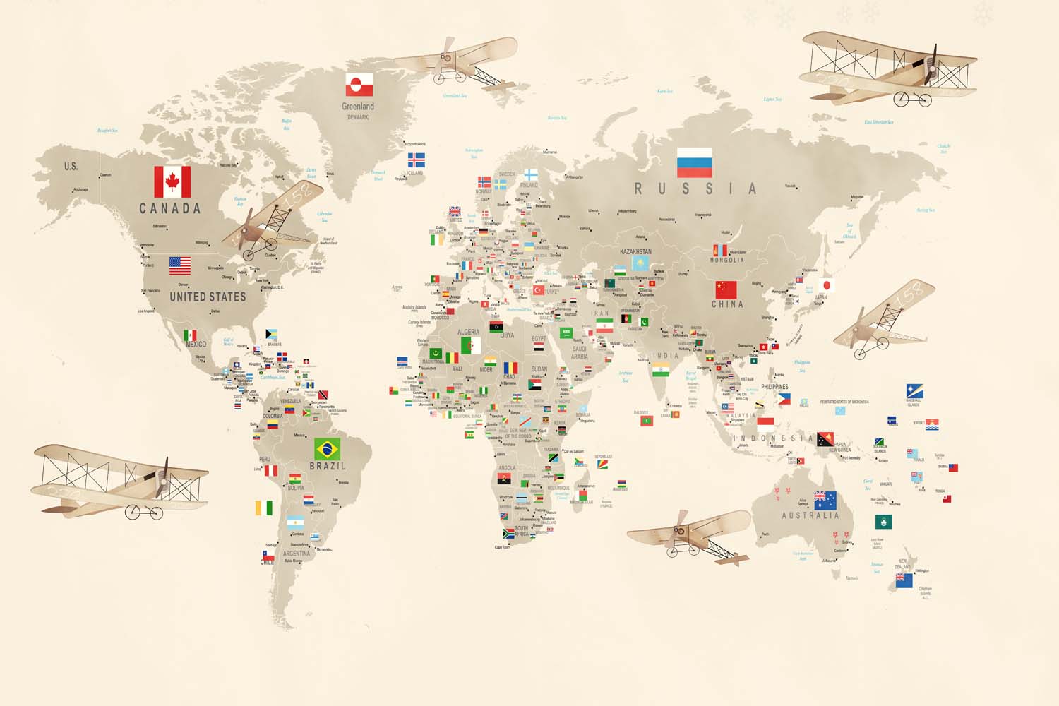 Tapet Personalizat Micii Exploratori cu harta lumii cu steaguri in nuante de bej - ALL FLAGS MAP BEIGE