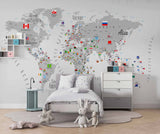 Tapet Personalizat Micii Exploratori cu harta lumii cu steaguri in nuante de gri - ALL FLAGS MAP GREY