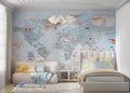 Tapet Personalizat Micii Exploratori cu avioane trecand peste harta lumii cu steaguri - PLANE CROSSING MAP BLUE