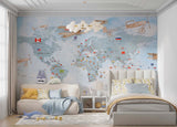 Tapet Personalizat Micii Exploratori cu avioane trecand peste harta lumii cu steaguri - PLANE CROSSING MAP BLUE
