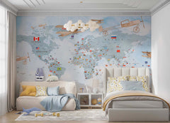 Tapet Personalizat Micii Exploratori cu avioane trecand peste harta lumii cu steaguri - PLANE CROSSING MAP BLUE