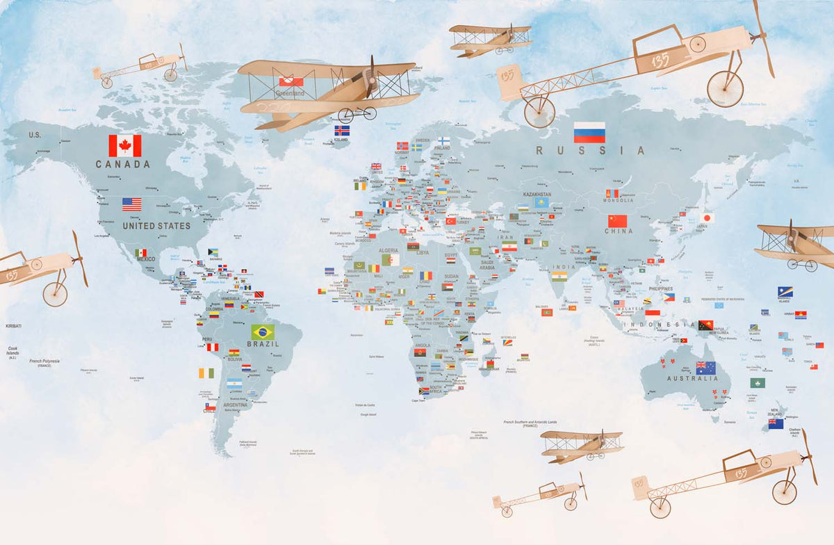 Tapet Personalizat Micii Exploratori cu avioane trecand peste harta lumii cu steaguri - PLANE CROSSING MAP BLUE