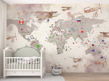 Tapet Personalizat Micii Exploratori cu avioane trecand peste harta lumii cu steaguri in nuante de maro - PLANE CROSSING MAP BROWN