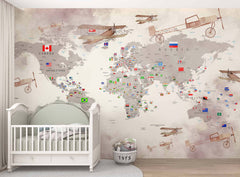 Tapet Personalizat Micii Exploratori cu avioane trecand peste harta lumii cu steaguri in nuante de maro - PLANE CROSSING MAP BROWN