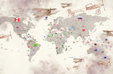 Tapet Personalizat Micii Exploratori cu avioane trecand peste harta lumii cu steaguri in nuante de maro - PLANE CROSSING MAP BROWN