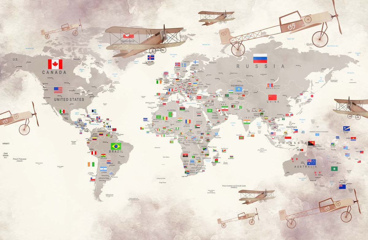 Tapet Personalizat Micii Exploratori cu avioane trecand peste harta lumii cu steaguri in nuante de maro - PLANE CROSSING MAP BROWN