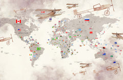 Tapet Personalizat Micii Exploratori cu avioane trecand peste harta lumii cu steaguri in nuante de maro - PLANE CROSSING MAP BROWN