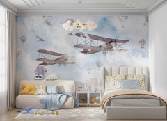 Tapet Personalizat Micii Exploratori cu avioane si baloane cu aer cald pe fundal albastru - BIPLANE & BALLOONS BLUE