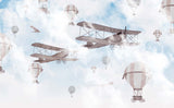 Tapet Personalizat Micii Exploratori cu avioane si baloane cu aer cald pe fundal albastru - BIPLANE & BALLOONS BLUE