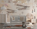 Tapet Personalizat Micii Exploratori cu avioane si baloane cu aer cald pe fundal cream - BIPLANE & BALLOONS CREAM