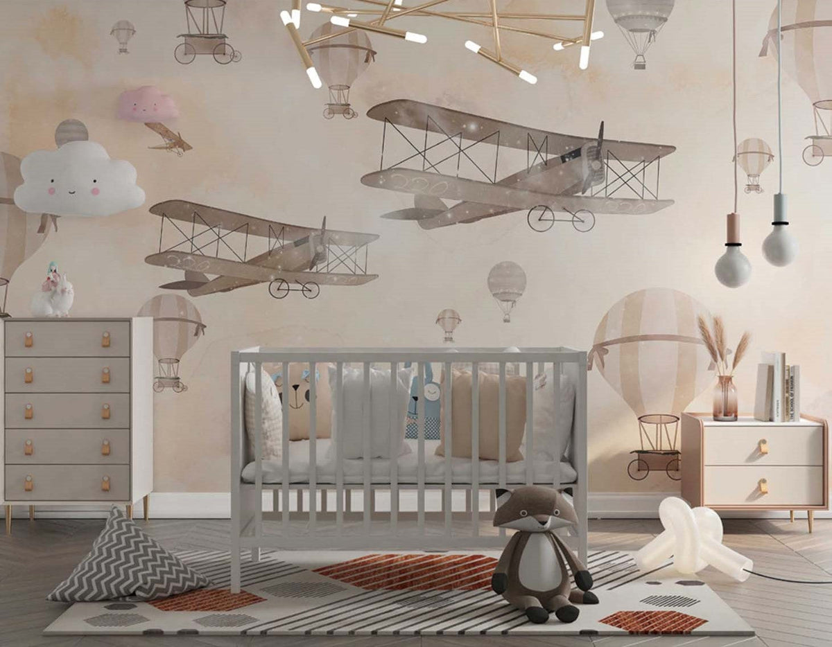 Tapet Personalizat Micii Exploratori cu avioane si baloane cu aer cald pe fundal cream - BIPLANE & BALLOONS CREAM